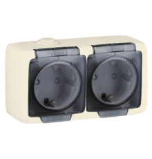 Розетка открытой установки, двухместная, с заземляющим контактом, со шторками, брызгозащищенная, цвет слоновая кость  РА16-252-01  HEGEL