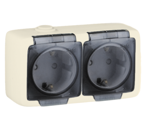 Розетка открытой установки, двухместная, с заземляющим контактом, со шторками, брызгозащищенная, цвет слоновая кость  РА16-252-01  HEGEL