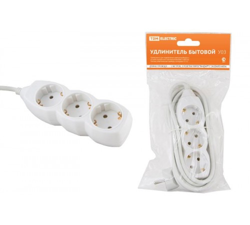 Удлинитель бытовой  У03  3 гнезда, 5метров, с заземлением ПВС  3х1мм2  16А/250В   SQ1303-0002  TDM