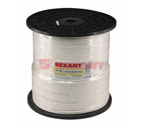 Кабель RG-59U+CU, (64%), 75 Ом, 305м., белый  01-2651  REXANT