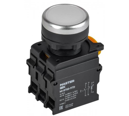 Кнопка с подсвет. и фикс. d=22мм 1NO+1NC белая MASTER  MI-BT60-11TD-3-11-K01  IEK