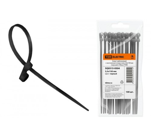 Хомут нейлоновый с монтажным отверстием 3,6х150 мм (черный) (100шт)  SQ0515-0504  TDM