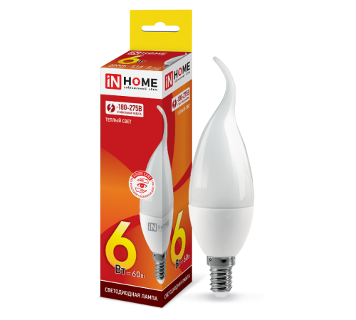Лампа светодиодная LED-СВЕЧА НА ВЕТРУ-VC 6Вт 230В Е14 3000К 540Лм  4690612030371  IN HOME