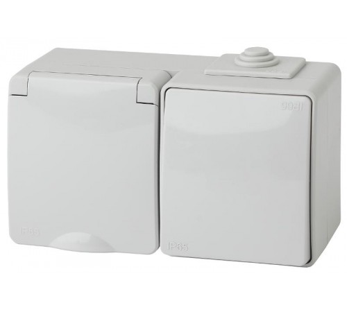 Блок розетка+выключатель горизонтальный IP65, 16A(10AX)-250В, ОУ, 11-7601-03 Эра Эксперт, Серый  Б0035993  ЭРА