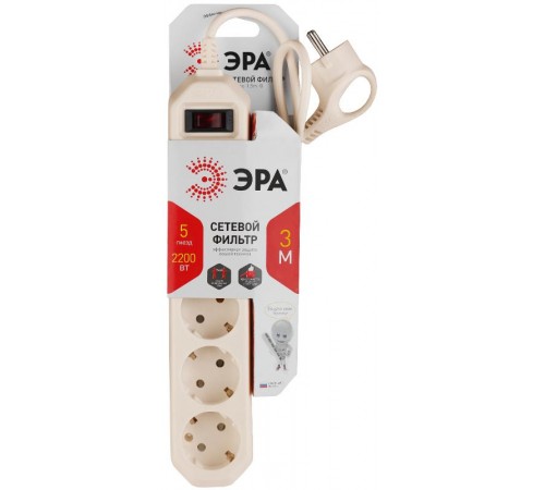 Сетевой фильтр USF-5es-3m-I   (сл.кость) с заземл, 3x0,75мм2, с выкл, 5гн, 3м (20/600) Б0019035  ЭРА