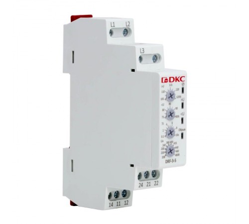Реле контроля фаз, 3 фазы, тип DRF, контроль напряжения, контроль обрыва фаз, конфигурация контакта 2CO, 208-480В  DRF-3-5  DKC