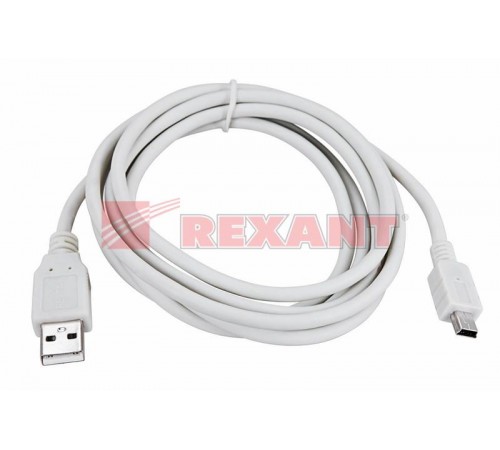 Кабель mini USB (male) штекер - USB-A (male) штекер, длина 3 метра, белый (PE пакет)  18-1136  REXANT