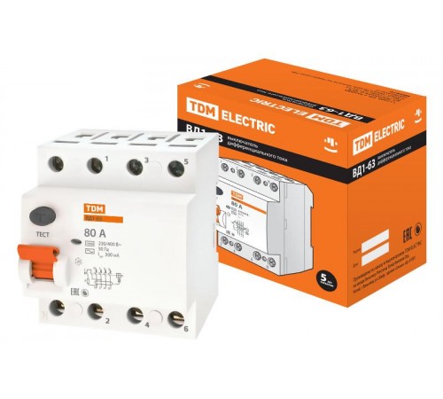 Выключатель дифференциальный (УЗО) ВД1-63 4п 80А 300мА тип AC  SQ0203-0046  TDM