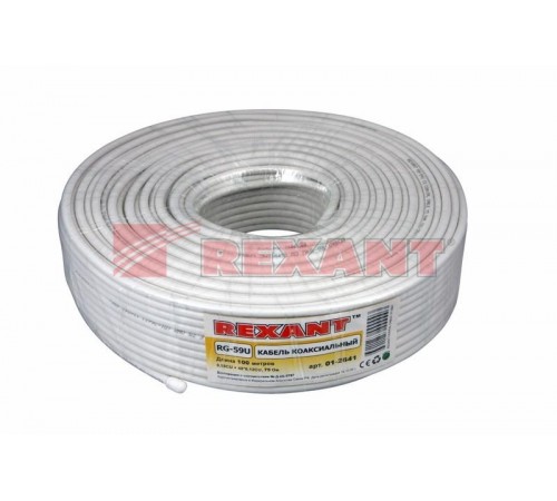 Кабель RG-59U+Cu, (64%), 75 Ом, 100м., белый  01-2641  REXANT