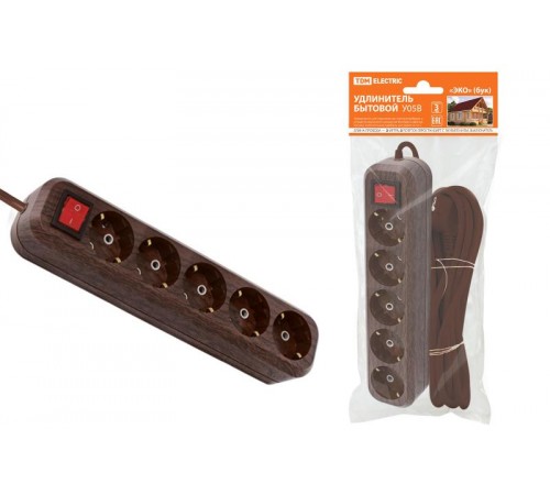 Удлинитель бытовой  У05В выключатель, 5 гнезд, 3метра,2П+3, ПВС 3х1мм2 "Эко" (бук) 16А/250В  SQ1303-3121  TDM