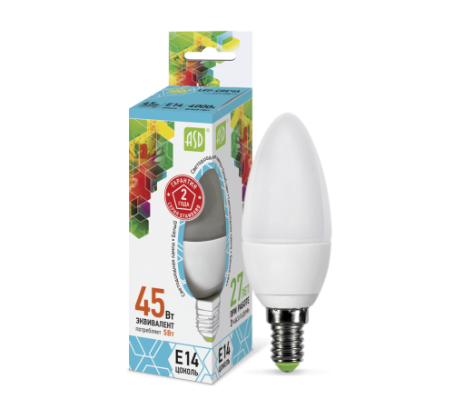 Лампа светодиодная LED-СВЕЧА-standard 5Вт 230В Е14 4000К 450Лм  4690612002224  ASD