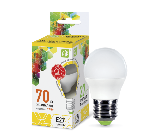 Лампа светодиодная LED-ШАР-standard 7.5Вт 230В Е27 3000К 675Лм  4690612003986  ASD