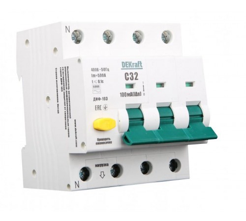 Автоматический выключатель дифференциального тока АВДТ 3Р+N 32А 100мА тип AC х-ка С ДИФ-103 6кА  16219DEK  DEKraft - замена на  16413DEK 