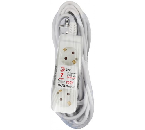 Удлинитель электрический U-3e-7m-3x1,5 с заземлением 3 розетки 7м ПВС 3x1,5мм2 16А  Б0044034  ЭРА