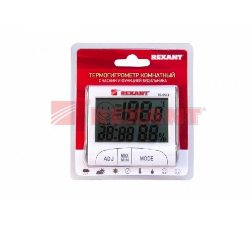 Термогигрометр комнатный с часами и функцией будильника  70-0511  REXANT