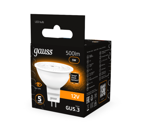 Лампа светодиодная LED 5Вт GU5.3 12В 2700К MR16  201505105  Gauss