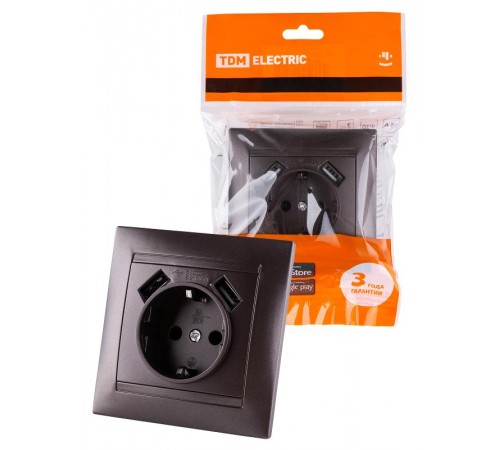 Розетка 2П+З 16А 250В + 2 USB порта 2,1А 5В шоколад "Лама"  SQ1815-0542  TDM