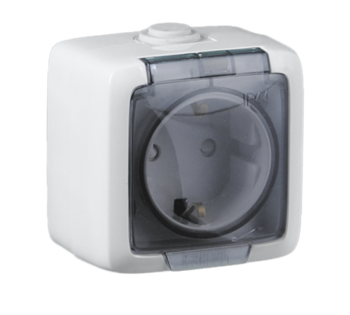 Розетка открытой установки, одноместная, с заземляющим контактом, брызгозащищенная, цвет белая  РА16-211  HEGEL
