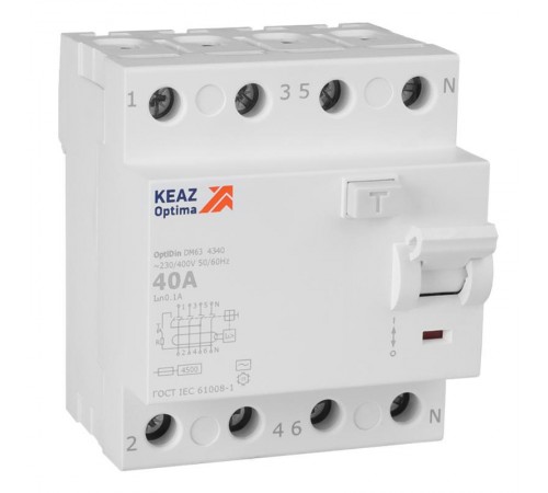 Выключатель дифференциального токаOptiDin DM63-4340-AC-4,5-УХЛ4 (4P, 40, 100mA)  343898  КЭАЗ