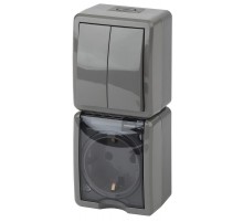 Блок розетка+выключатель 2-клавишный вертикальный IP54, 16A(10AX)-250В, ОУ, 11-7408-03 Эра Эксперт, Серый  Б0036007  ЭРА