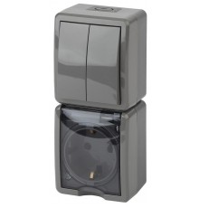 Блок розетка+выключатель 2-клавишный вертикальный IP54, 16A(10AX)-250В, ОУ, 11-7408-03 Эра Эксперт, Серый  Б0036007  ЭРА