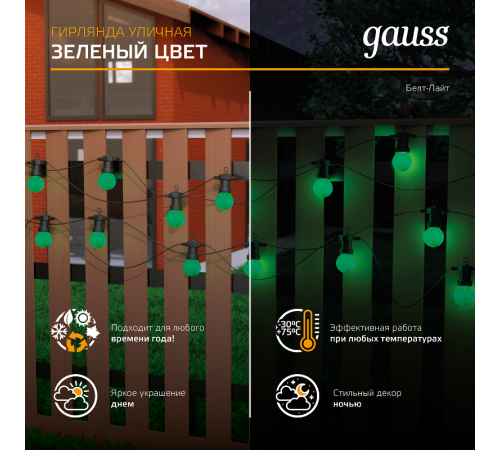Гирлянда светодиодная "Белт Лайт" серия Holiday, 10 ламп, 7,7 м, IP44, зеленый, 1/6  HL061  Gauss