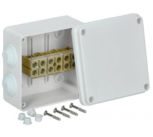 Коробка распределительная КМ для о/у 100х100х50мм белая с клеммой 6 зажимов, до 6мм.кв.  UKO10-100-050-100-K01-E  IEK (ИЭК)