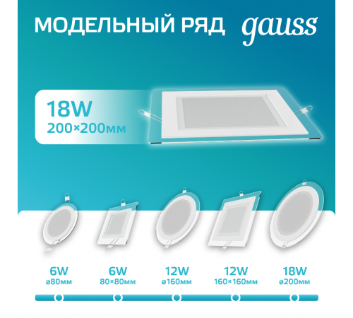 Светильник светодиодный встраиваемый квадратный с декоративным стеклом 18W 4000K 1/20  948111218  Gauss