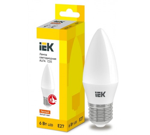 Лампа светодиодная  ALFA C35 свеча 6Вт 230В 3000К E27  LLA-C35-6-230-30-E27  IEK