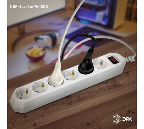 Сетевой фильтр USF-6es-3m-W-BOX Сет.фильтр базовая защита, с/з, с выкл, 6гн, 3м, ПВС, 10А,  Б0037262  ЭРА