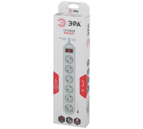 Сетевой фильтр USF-6es-3m-W-BOX Сет.фильтр базовая защита, с/з, с выкл, 6гн, 3м, ПВС, 10А,  Б0037262  ЭРА