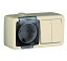 Блок открытой установки, брызгозащищенный, розетка с заземляющим контактом + двухклавишный выключатель, цвет слоновая кость  БА 16-212-01  HEGEL