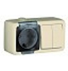 Блок открытой установки, брызгозащищенный, розетка с заземляющим контактом + двухклавишный выключатель, цвет слоновая кость  БА 16-212-01  HEGEL