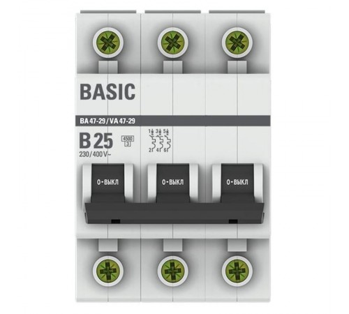 Выключатель автоматический трехполюсный 3P 25А (B) 4,5кА ВА 47-29 Basicmcb4729-3-25-BEKF