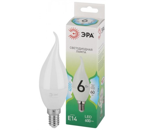 Лампа светодиодная  GREEN LINE LED BXS-6W-840-E14 GL E14 6 Вт свеча на ветру яркий белый свет  Б0067131  ЭРА