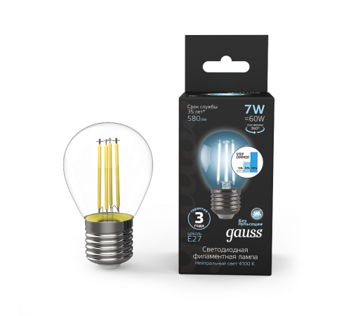 Лампа светодиодная Black LED Filament Шар E27 7W 580lm 4100K step dimmable  105802207-S  Gauss