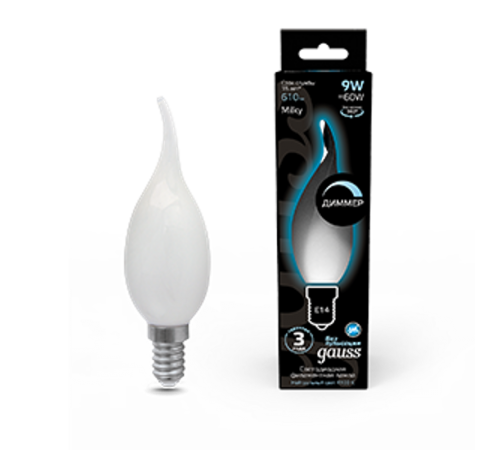 Лампа светодиодная Filament Свеча на ветру 9W 610lm 4100К Е14 milky диммируемая LED 1/10/50  104201209-D  Gauss