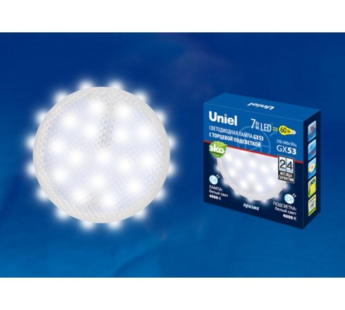 Лампа светодиодная LED-GX53-7W/4000K+4000K/GX53/PR PLB02WH LED, призма. 4000K Торцевая подсветка, 4000K  UL-00006498  Uniel