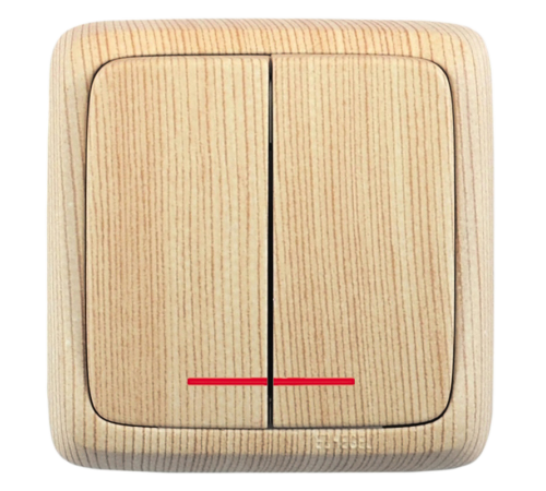 Выключатель открытой установки, двухклавишный, с индикацией, цвет сосна  ВА10-152-02  HEGEL