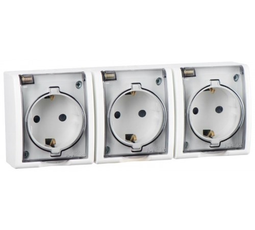 Simon 15 Белый Розетка тройная с/з Schuko, с крышкой полупрозрачной, IP54, 16А 250В, винт. зажим  1594437-030  Simon
