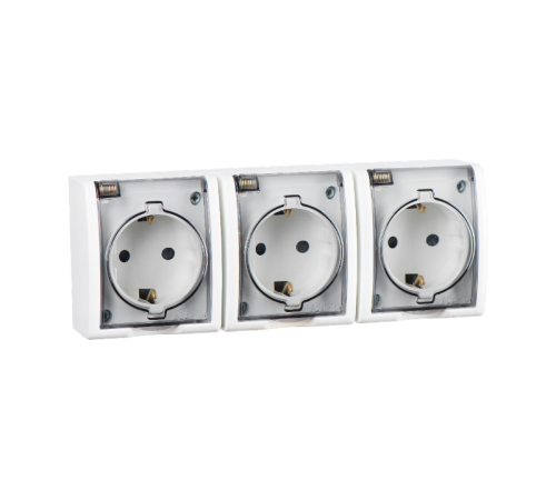 Simon 15 Белый Розетка тройная с/з Schuko, с крышкой полупрозрачной, IP54, 16А 250В, винт. зажим  1594437-030  Simon