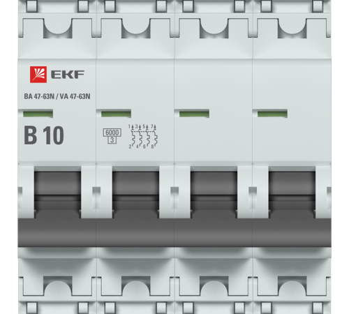 Выключатель автоматический четырёхполюсный 10А (B) 6кА ВА 47-63N PROxima M636410B  EKF