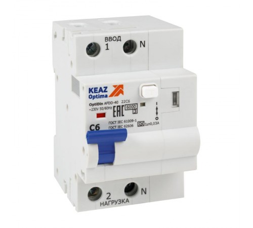 Устройство защиты от дугового пробоя с АВДТ и защ. от пов. напряж. OptiDin AFDD-40-22C6-A-У3 (2P, C6, 30mA, Uоткл 275В)  339082  КЭАЗ