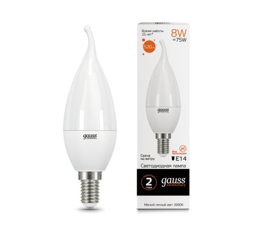 Лампа светодиодная LED 8Вт E14 220В 2700К Elementary свеча на ветру  34118  Gauss
