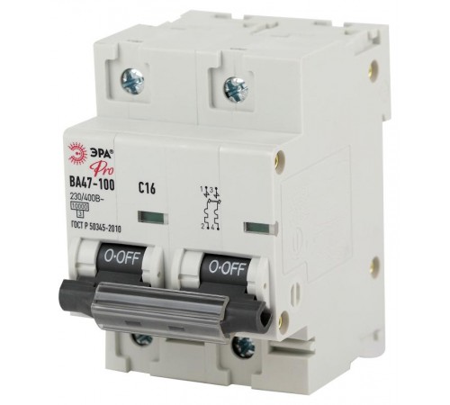 Выключатель автоматический двухполюсный NO-902-272 ВА47-100 2Р 16А 10 кА кривая С (6/60/1440) Pro  Б0048862  ЭРА