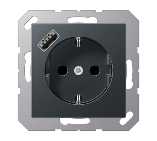 Розетка SCHUKO® с USB-зарядным устройством, тип А; термопласт; матовый антрацит  A1520-18AANM  Jung