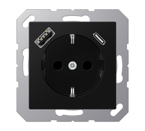 Розетка SCHUKO® с USB-зарядным устройством, тип A + тип С; термопласт; черный матовый  A1520-15CASWM  Jung