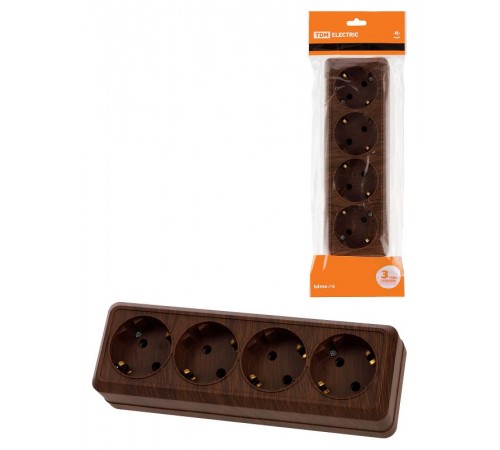 Розетка 4-х местная горизонтальная 2П+3 открытой установки IP20 16A бук "Ладога"  SQ1801-0330  TDM