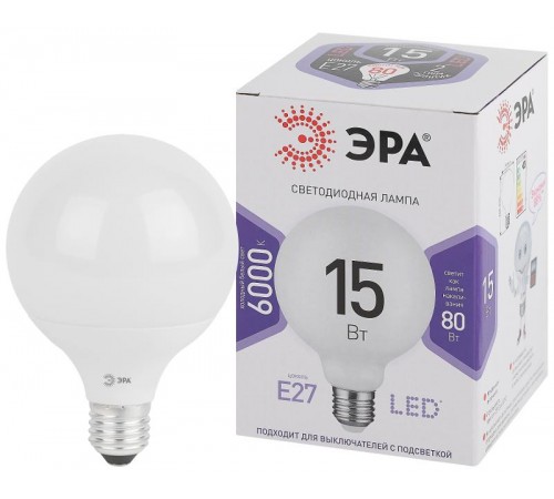 Лампа светодиодная LED G95-15W-6000K-E27 (диод, шар декор, 15Вт, холод, E27) (20/560)  Б0049079  ЭРА