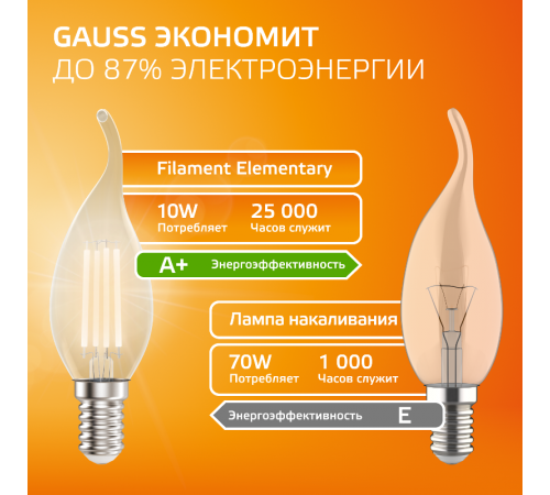 Лампа светодиодная   Filament Elementary Свеча на ветру 10W 650lm 2700К Е14 LED 1/10/100  42110  Gauss